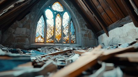Collapsed roof of an abandoned church, with shattered stained glass and wooden debris below.の素材