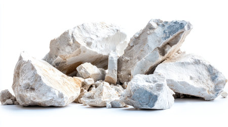 Scattered broken concrete and rubble creating a textured debris background, isolated on a white surface.の素材