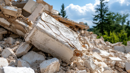 Earthquake aftermath with collapsed concrete structures and rubble covering the ground.の素材