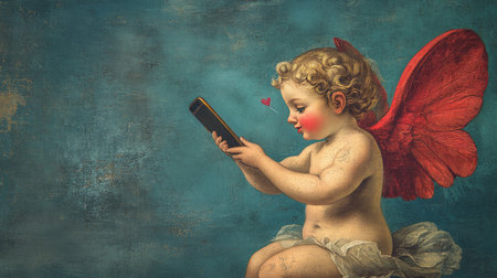 A cupid holding a smartphone instead of a bow and arrow, mocking the role of modern technology in shaping relationships and love.の素材