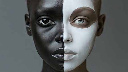Half Black, half White painted faces side by side, symbolizing racial identity and unity.の素材