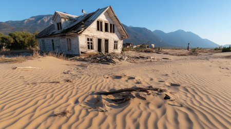 Ghost town ruins with abandoned wooden houses, broken windows, and sand-covered debris.の素材