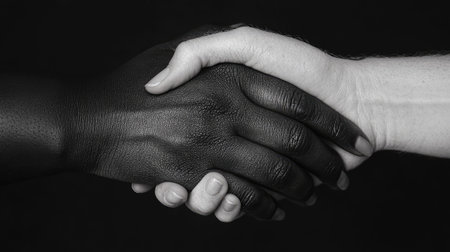 Close-up of a Black hand and a White hand touching, symbolizing unity and racial diversity.の素材