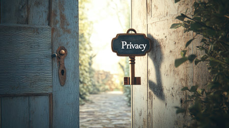 A giant key with the word "Privacy" written on it, but it's surrounded by open doors and windows, symbolizing how difficult it is to maintain privacy in a connected world.の素材