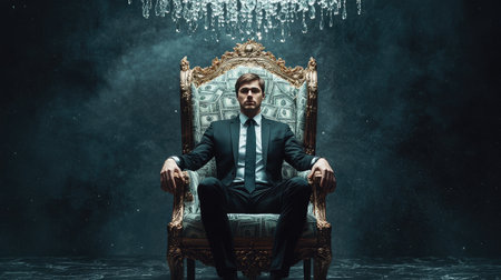 A businessman sitting on a throne made of cash, symbolizing the power and corruption of wealth.の素材