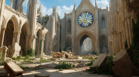 Ruined cathedral with shattered stained glass windows, fallen stone arches, and debris on the floor.の素材