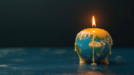 Earth as a candle, flames consuming its poles while wax drips, illustrating global warming.の素材