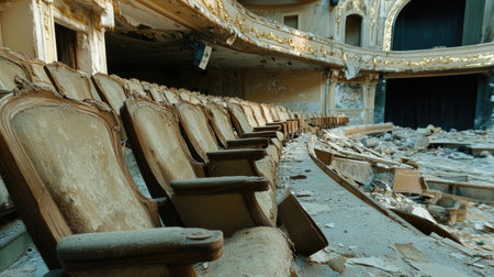 Ghostly ruins of an old theater, with torn seats, broken stage props, and thick layers of debris.の素材