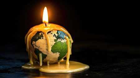 The world melting like a candle, its structure collapsing as wax pools beneath, symbolizing environmental destruction.の素材