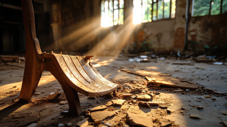 Dusty sunlight filtering through broken windows of an abandoned warehouse, highlighting debris.の素材