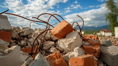 Massive pile of demolition debris with broken bricks, concrete chunks, and twisted metal rods.の素材