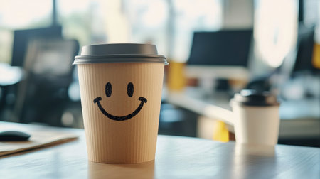 A giant smiley face drawn on a coffee cup in front of a stressful office environment, mocking how small comforts are marketed as sources of happiness.の素材