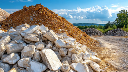Industrial demolition site with massive piles of crushed concrete and steel reinforcements.の素材