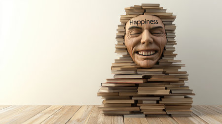 A pile of "Happiness" books with a face of stress and exhaustion on top, critiquing the oversimplified self-help industry.の素材