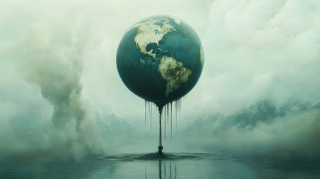 A planet-shaped balloon deflating as oil spills from it, symbolizing environmental collapse.の素材