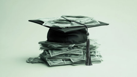 A graduation cap made of debt slips, symbolizing the financial burden of higher education.の素材