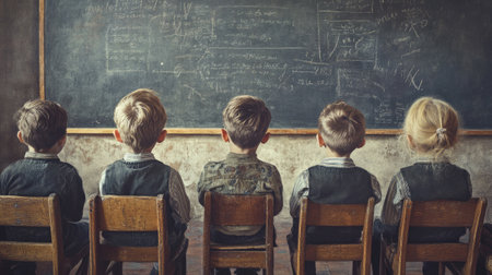 A classroom filled with students staring blankly at a chalkboard, symbolizing the monotony of traditional education.の素材