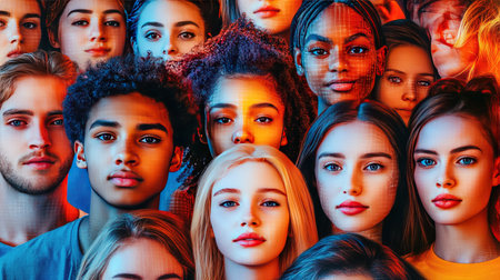 A group of people posing for a "Reality" photo, but their faces are pixelated, symbolizing how modern reality is often altered for online personas.の素材