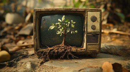 A tree growing out of a cracked television, satirizing the environment versus media consumption.の素材