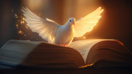 A glowing white dove spreading its wings as it emerges from the pages of a mystical open book in soft, golden light.の素材