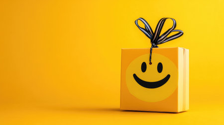 A happy face emoji on a product packaging with a price tag, symbolizing how happiness is often sold to us as a commodity.の素材