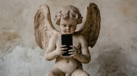 A cupid holding a smartphone instead of a bow and arrow, mocking the role of modern technology in shaping relationships and love.の素材