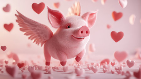 A cheerful pink pig with glowing wings gliding through a dreamy pastel sky, surrounded by heart-shaped clouds.の素材