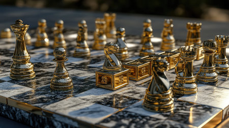 A chessboard where all the pawns are replaced with gold bars, representing money-driven strategies.の素材