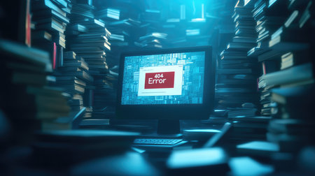A computer screen with a "404 Error" page but surrounded by piles of data, symbolizing the chaos of information overload.の素材