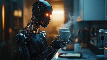 A robot holding a coffee cup, mocking the idea that technology has become part of our everyday rituals.の素材