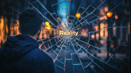 A person looking at a broken mirror, with the word "Reality" etched into the glass, critiquing how reality often feels fragmented.の素材