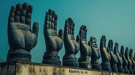 A "Equality for All" statue with one arm significantly longer than the others, symbolizing unequal distribution of opportunities.の素材