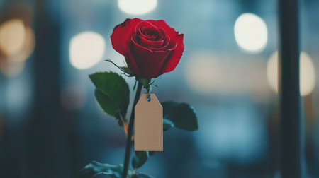 A red rose with a price tag, symbolizing how romantic gestures are often reduced to financial transactions in today society.の素材