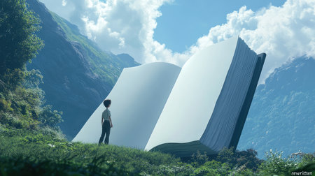 A surreal scene where reality is being "rewritten" with a pen on a giant blank book, mocking how personal truths are often manipulated.の素材