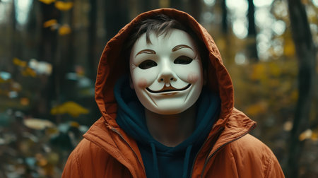 A person wearing a mask of a smile, hiding tears beneath, critiquing societal pressure to appear happy.の素材