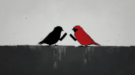 Two lovebirds sitting together, but each is on a separate, locked phone, satirizing the way technology interrupts intimacy.の素材