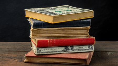 A stack of religious books with dollar bills on top, poking fun at how some industries profit off belief systems.の素材