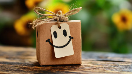 A happy face emoji on a product packaging with a price tag, symbolizing how happiness is often sold to us as a commodity.の素材