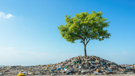 A tree growing out of a trash pile, symbolizing environmental neglect and resilience.の素材