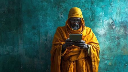A monk holding a phone, reading self-help blogs, satirizing how technology sometimes disrupts traditional belief systems.の素材