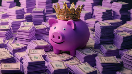 A piggy bank wearing a crown, surrounded by stacks of fake money, highlighting greed and wealth inequality.の素材