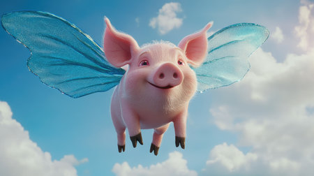 A playful pink pig with translucent fairy-like wings floating above a calm sky with gentle, rolling clouds.の素材