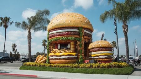 A traditional festival float shaped like a fast food restaurant, symbolizing the blending of culture and consumerism.の素材