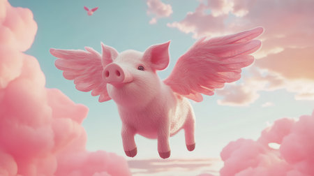 A radiant pink pig with shimmering wings floating effortlessly through a kaleidoscope of pastel skies.の素材