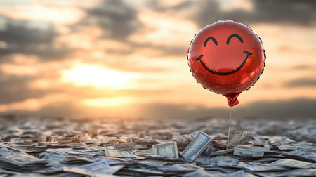 A happy face balloon deflated in a pile of unpaid bills, critiquing how financial stress affects our sense of happiness.の素材
