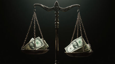 A scale of justice with one side weighed down by money, satirizing the influence of wealth in legal decisions.の素材