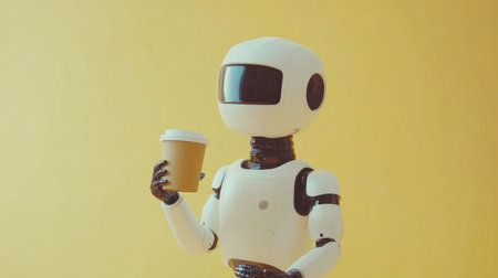 A robot holding a coffee cup, mocking the idea that technology has become part of our everyday rituals.の素材