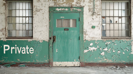 A "Private" door locked, but there are holes and windows everywhere, symbolizing the illusion of security in an overly monitored world.の素材