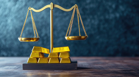 A scale of justice with one side weighed down by gold bars, symbolizing how wealth impacts equality.の素材