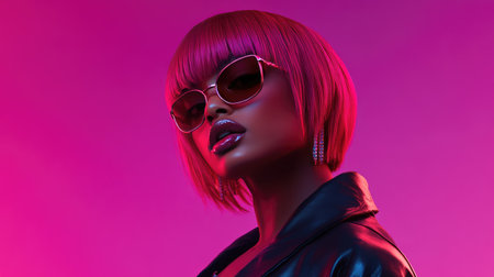 A women's wig featuring bold neon colors and short layers, set against a gradient backdrop with a futuristic vibe.の素材